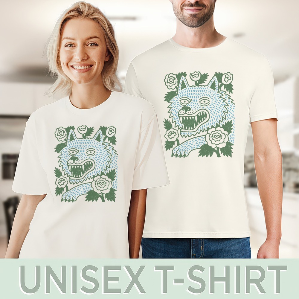Linocut Print Tee – Snarling Wolf & Roses - Picture 4 of 5
